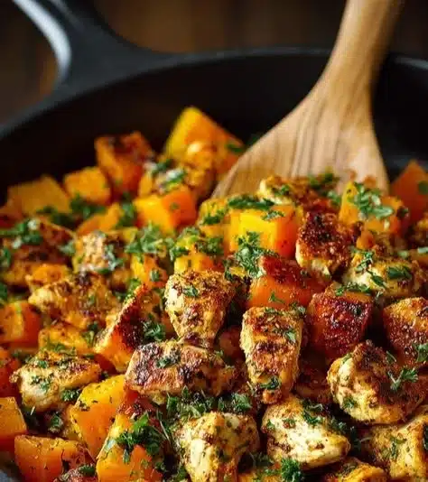Skillet Butternut Squash with Chicken served on a plate