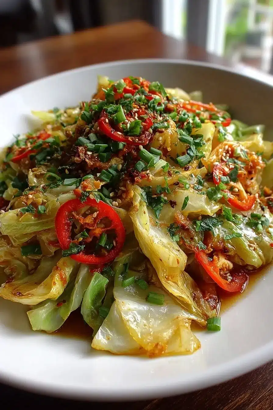 Plate of spicy stir-fried cabbage garnished with sesame seeds