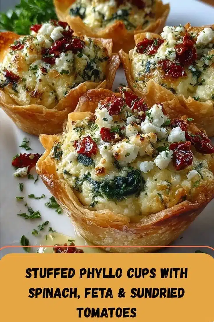 Stuffed phyllo cups filled with spinach, feta cheese, and sundried tomatoes
