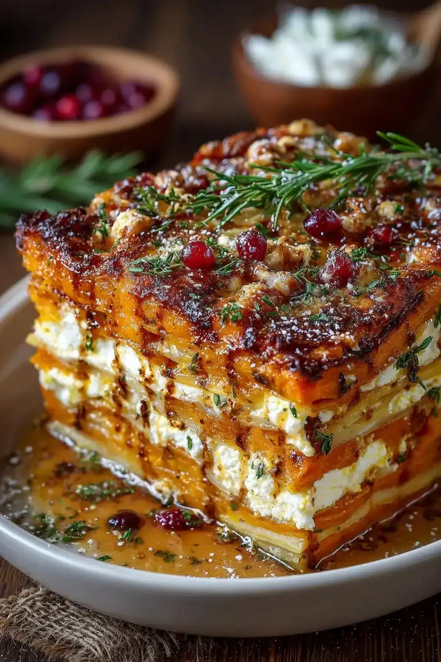 Delicious sweet potato lasagna layered with squash and parsnip for a healthy meal.