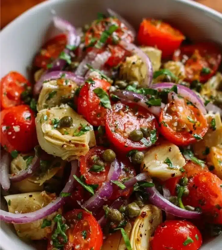 Tomato and artichoke salad with capers, a colorful and healthy dish