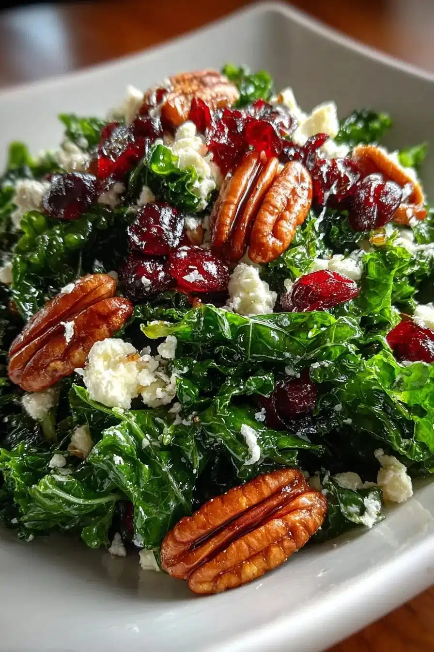 Warm Kale Cranberry Cheese Salad with vibrant kale and sweet cranberries