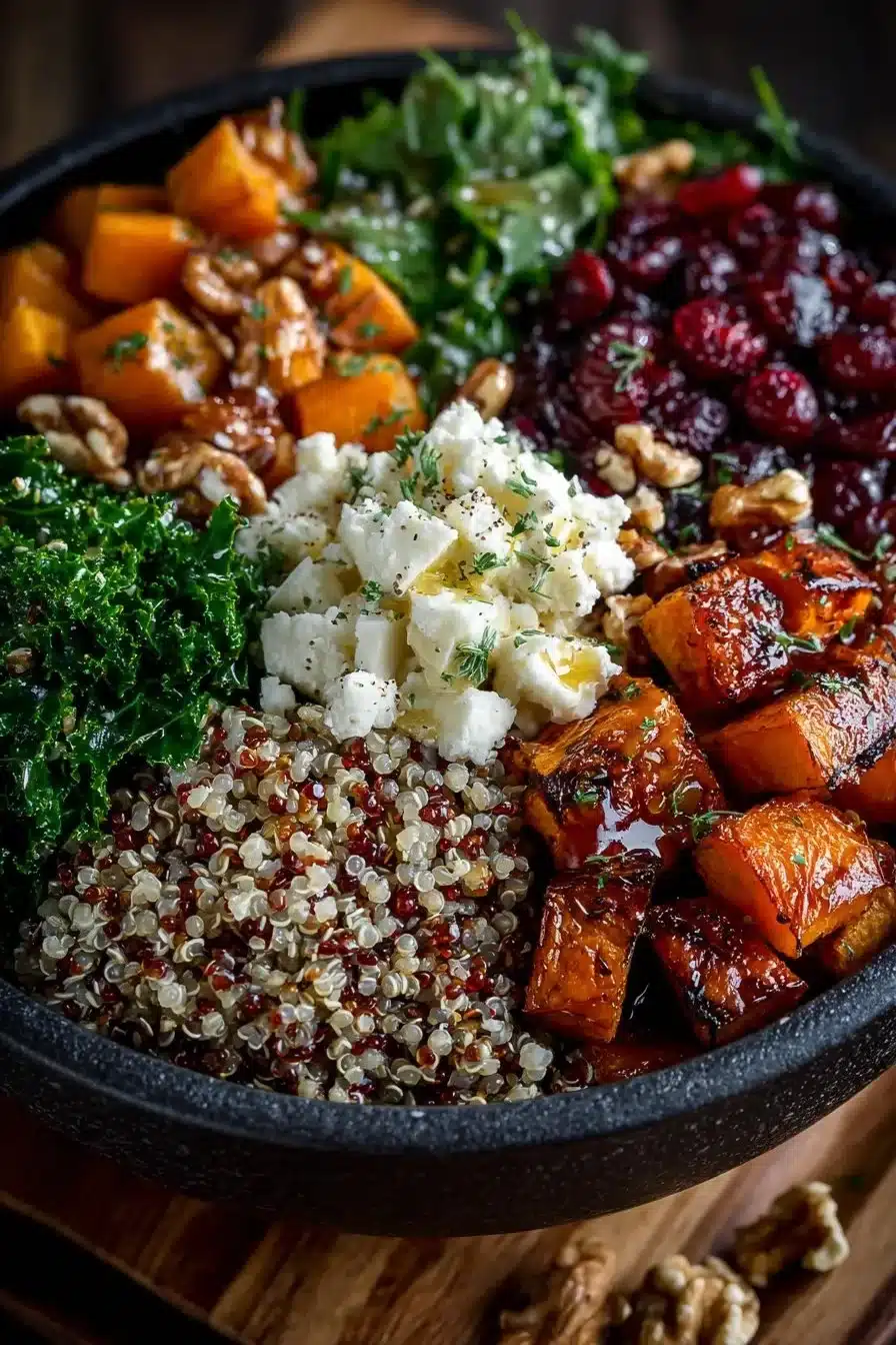 Winter Grain Bowl with cranberries and nuts, a healthy seasonal dish.
