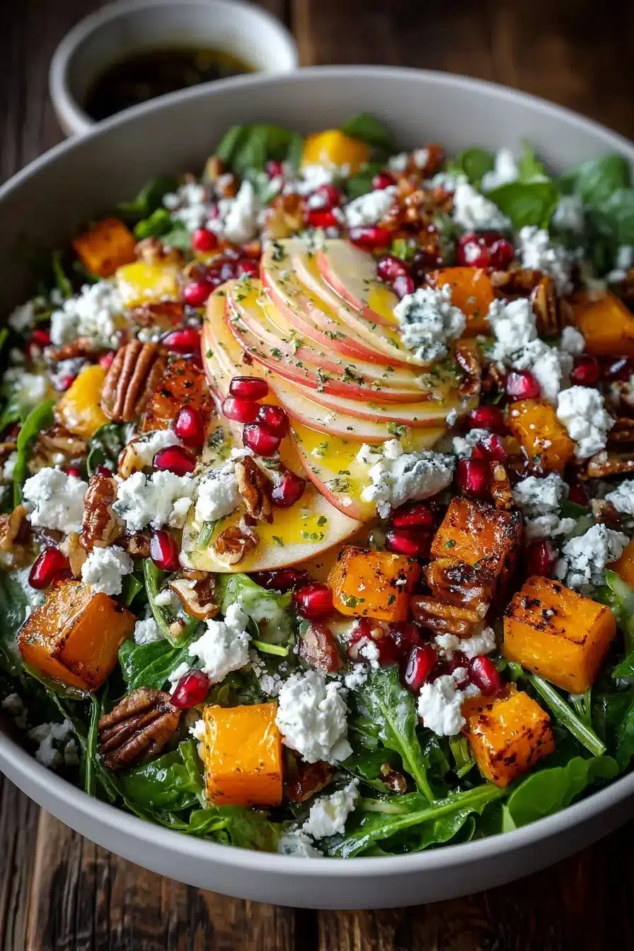 A vibrant winter salad with fresh greens, nuts, and seasonal toppings on a rustic table.