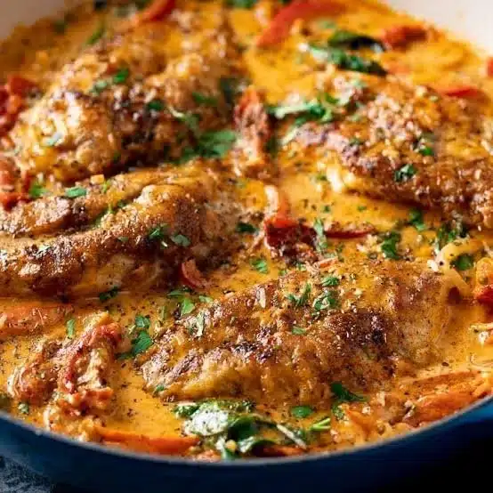 Creamy Tuscan chicken dish with herbs, spinach, and sun-dried tomatoes