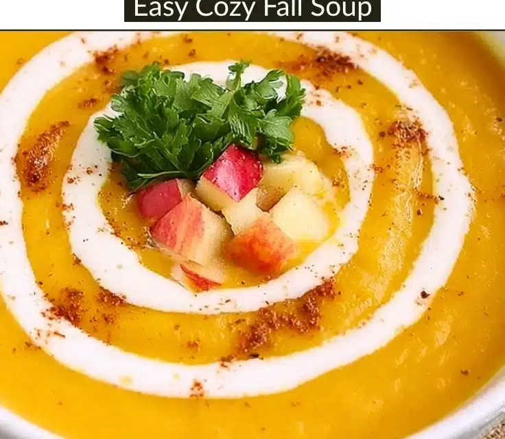 Bowl of creamy apple butternut squash soup garnished with herbs.