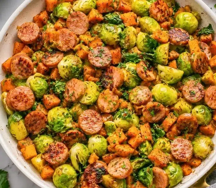 Apple Chicken Sausage Skillet with vegetables in a cast iron skillet