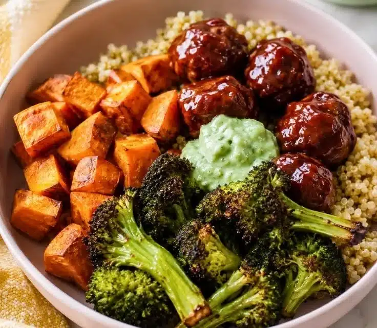 Serving of barbecue meatball bowls with colorful toppings