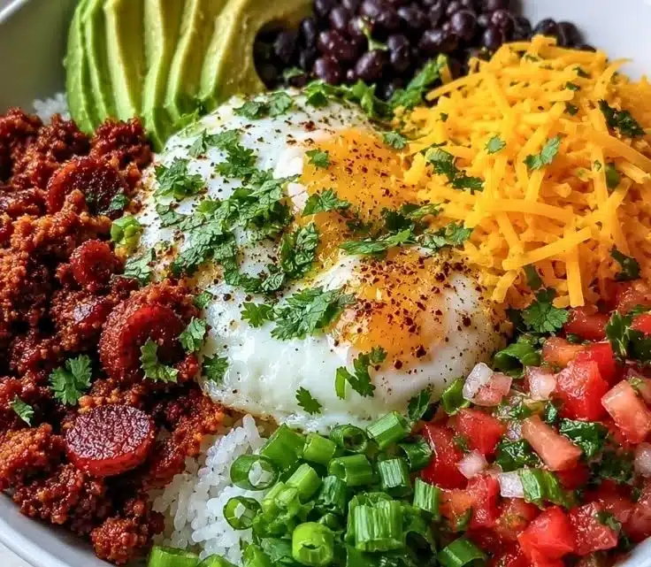 Delicious breakfast burrito bowl filled with eggs, cheese, and veggies.