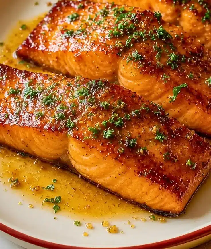Delicious brown sugar grilled salmon on a plate garnished with herbs.