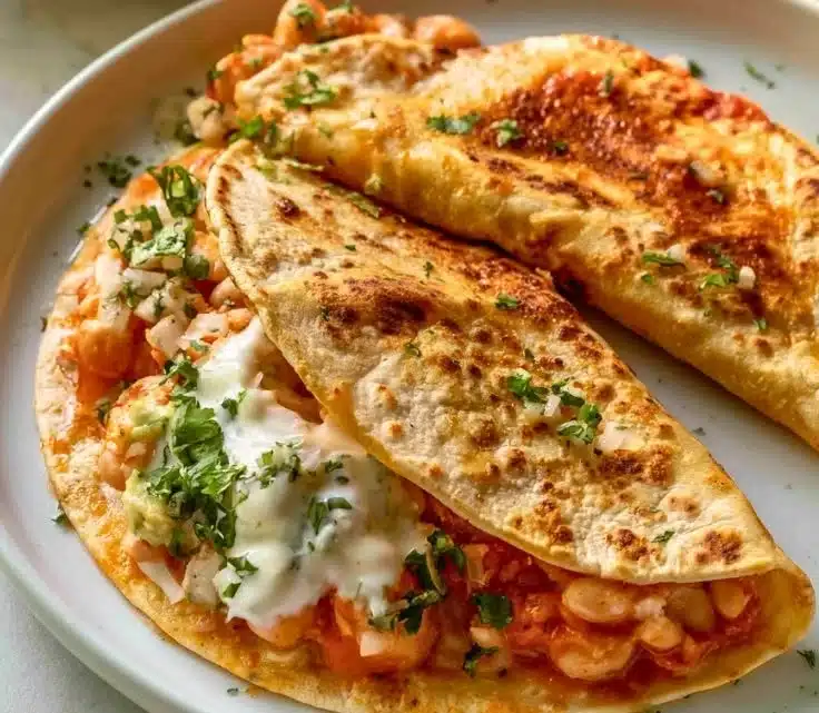 Buffalo White Bean Tacos topped with fresh ingredients and spicy sauce