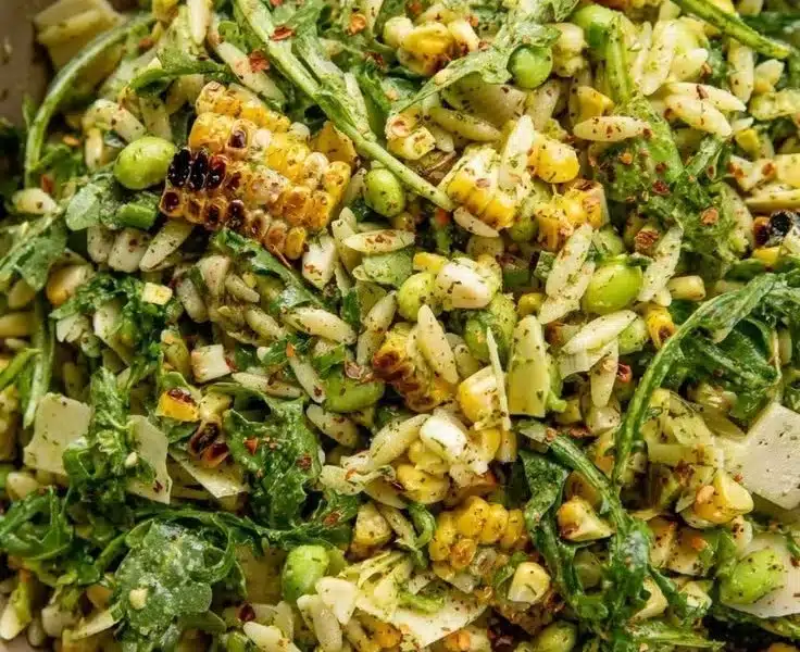 Delicious charred corn orzo salad in a vibrant bowl