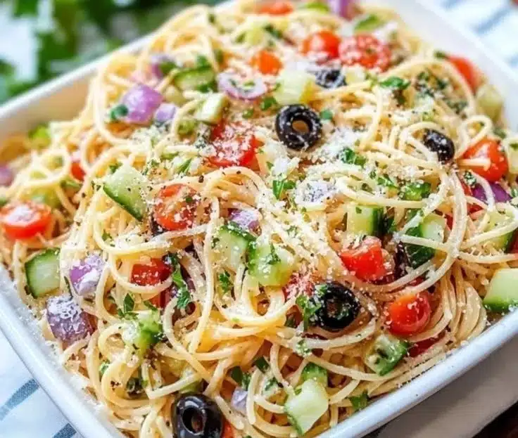 Chilled spaghetti salad with fresh vegetables and dressing