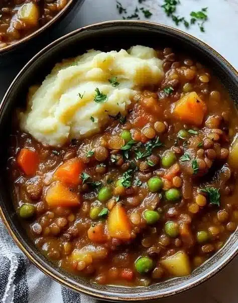 Bowl of comforting lentil stew with vegetables and herbs