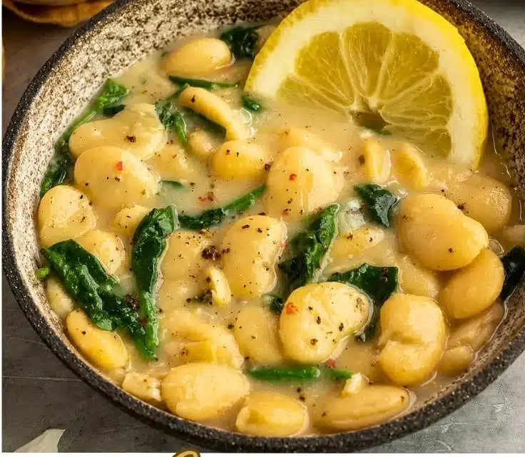 Creamy lemon garlic butter beans served in a bowl with fresh herbs