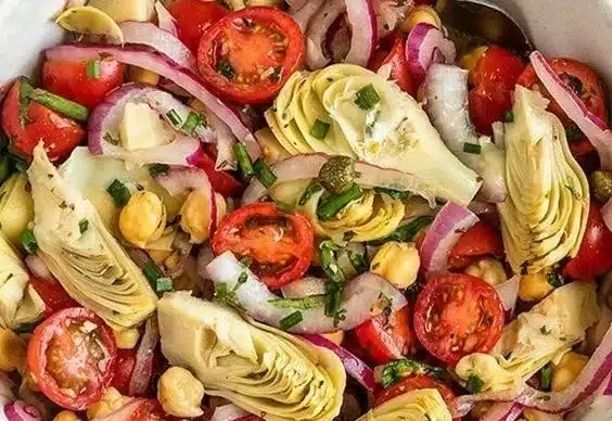 Vegan Tuscan Artichoke Tomato Salad with fresh ingredients