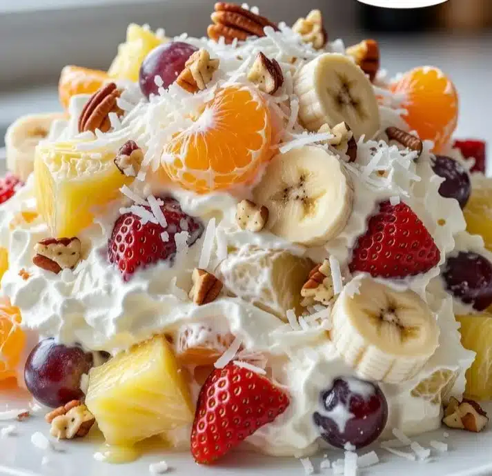 A colorful bowl of fresh fruit salad featuring a variety of fruits.