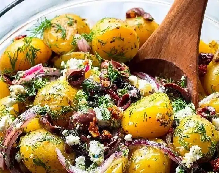 Greek Olive Potato Salad with vibrant ingredients in a bowl