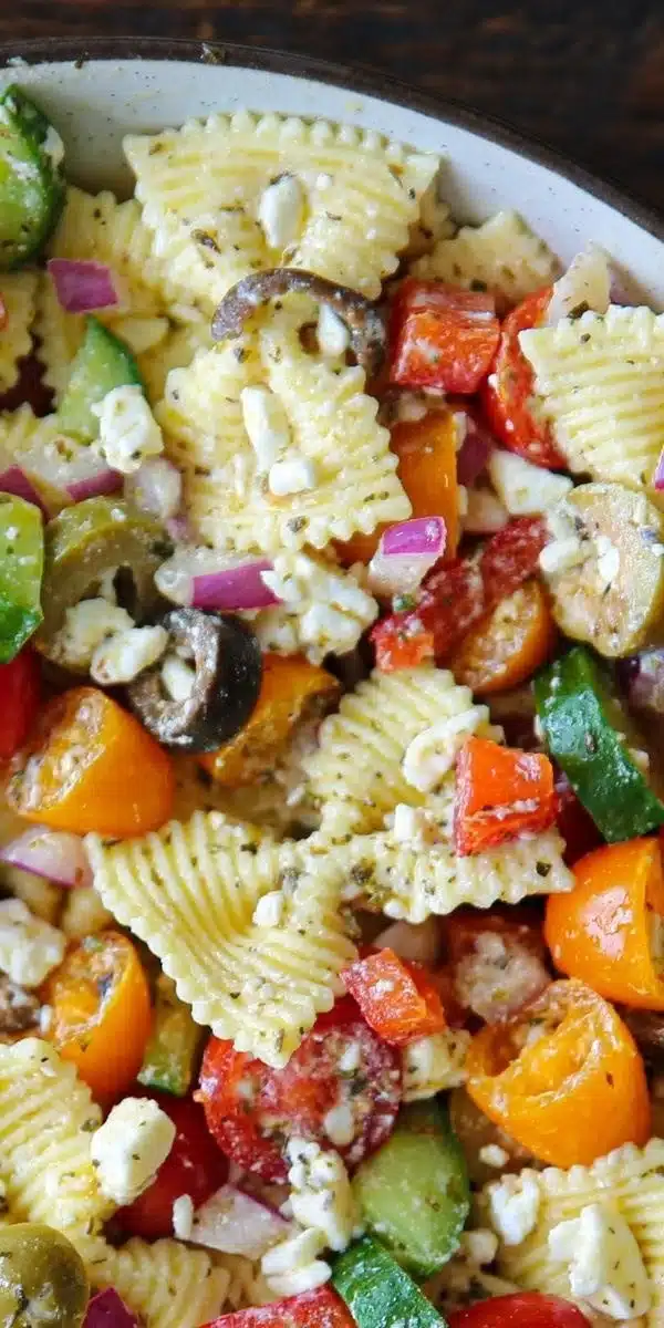 Delicious Greek Pasta Salad served in a bowl with fresh vegetables and feta cheese