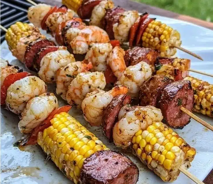 Grilled seafood skewers featuring shrimp, fish, and vegetables on skewers.