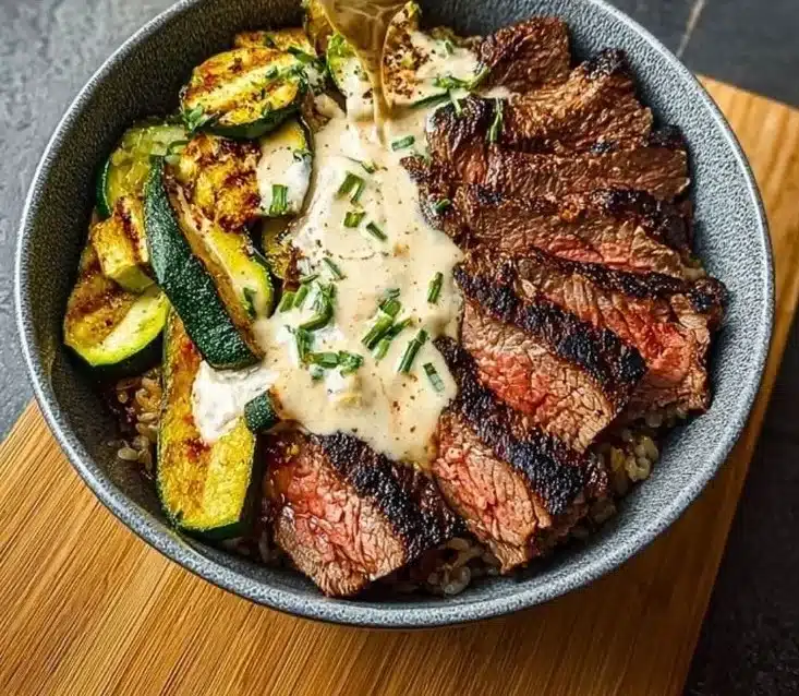 Grilled steak bowl with sauce and grilled zucchini served in a bowl