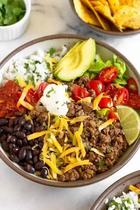 High protein ground beef taco bowls garnished with fresh ingredients.