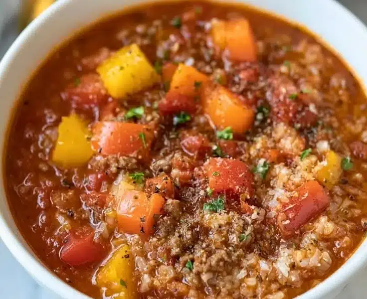 High protein stuffed pepper soup with colorful peppers and herbs in a bowl