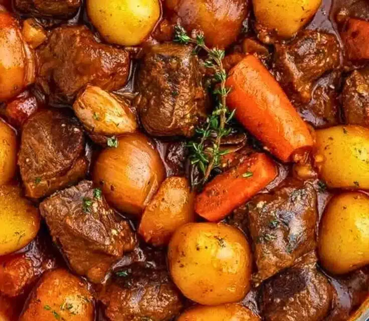 Bowls of delicious homemade beef stew with fresh vegetables