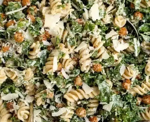 Delicious Kale Caesar Pasta Salad with fresh greens and creamy dressing