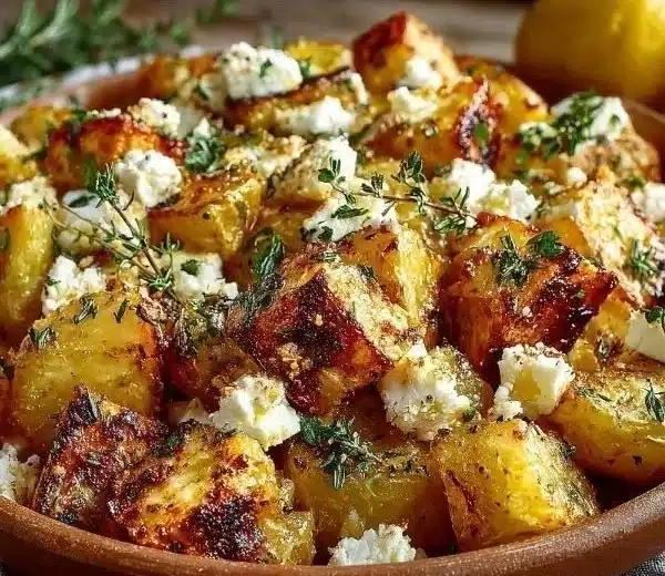 Plate of lemon feta roasted potatoes garnished with herbs.