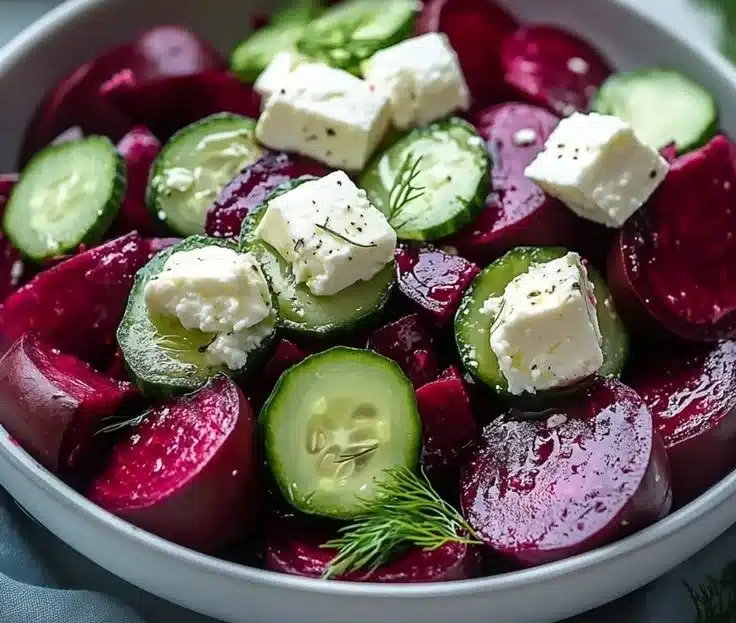 Vibrant Mediterranean beet salad with fresh vegetables and herbs