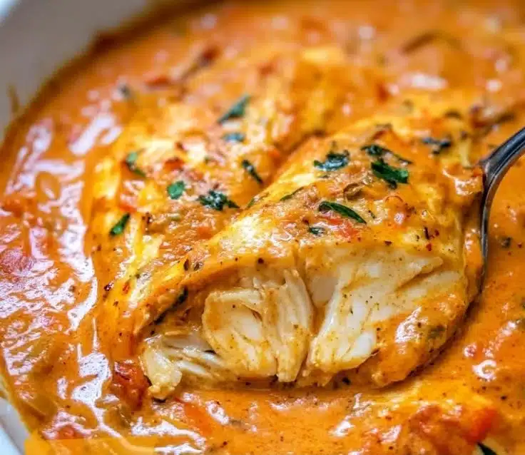 Quick tilapia fillet served in roasted pepper sauce, garnished with fresh herbs.