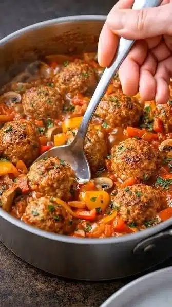 Savory Salisbury steak meatballs served with creamy gravy and mashed potatoes