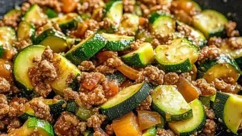 Savory ground turkey zucchini skillet dish served in a pan