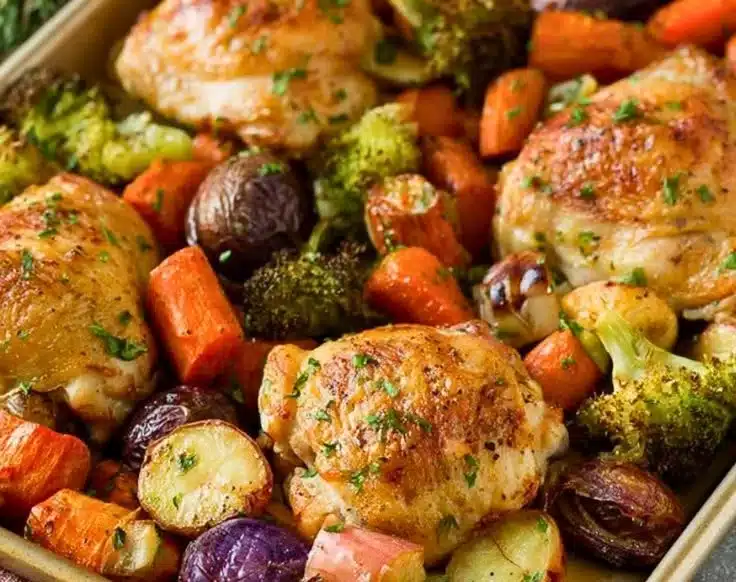 Delicious Sheet Pan Chicken with vibrant root vegetables ready to serve