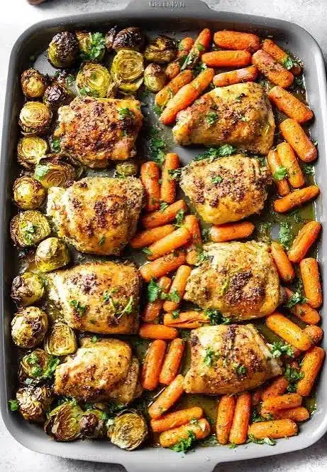 Sheet Pan Chicken with colorful root vegetables, a balanced meal option.