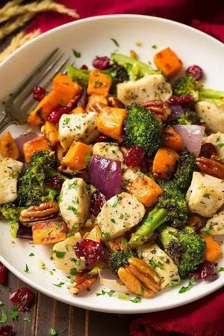 Sheet pan chicken with broccoli and sweet potatoes baked to perfection.