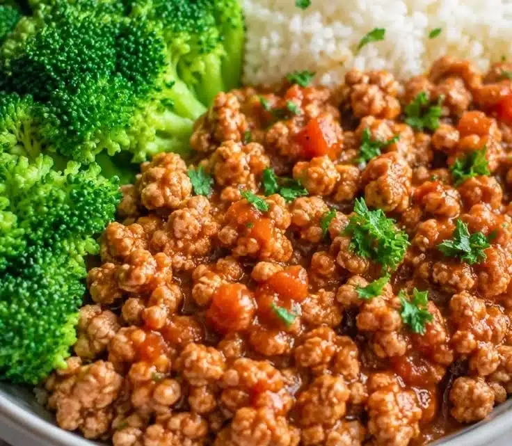 Sweet and Spicy Ground Turkey & Broccoli Bowls served in a colorful dish.