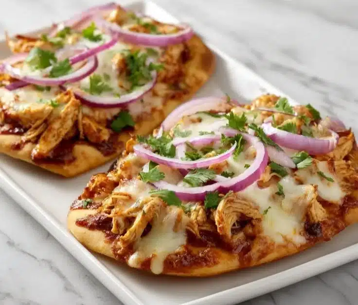 BBQ Chicken Flatbread topped with cheese and fresh herbs on a rustic wooden table.