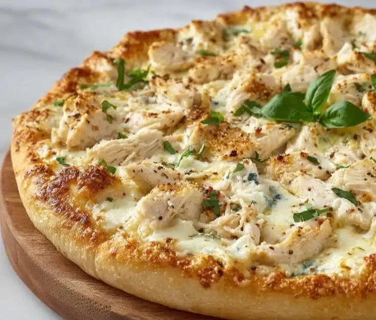 Delicious roasted garlic chicken pizza with rich toppings and melted cheese