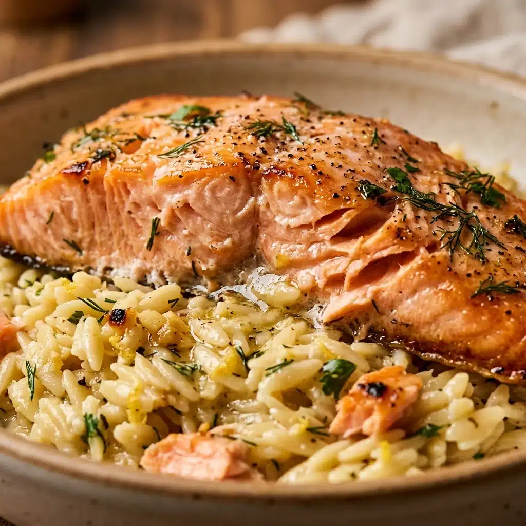 High Protein Baked Salmon with Lemon Garlic Orzo