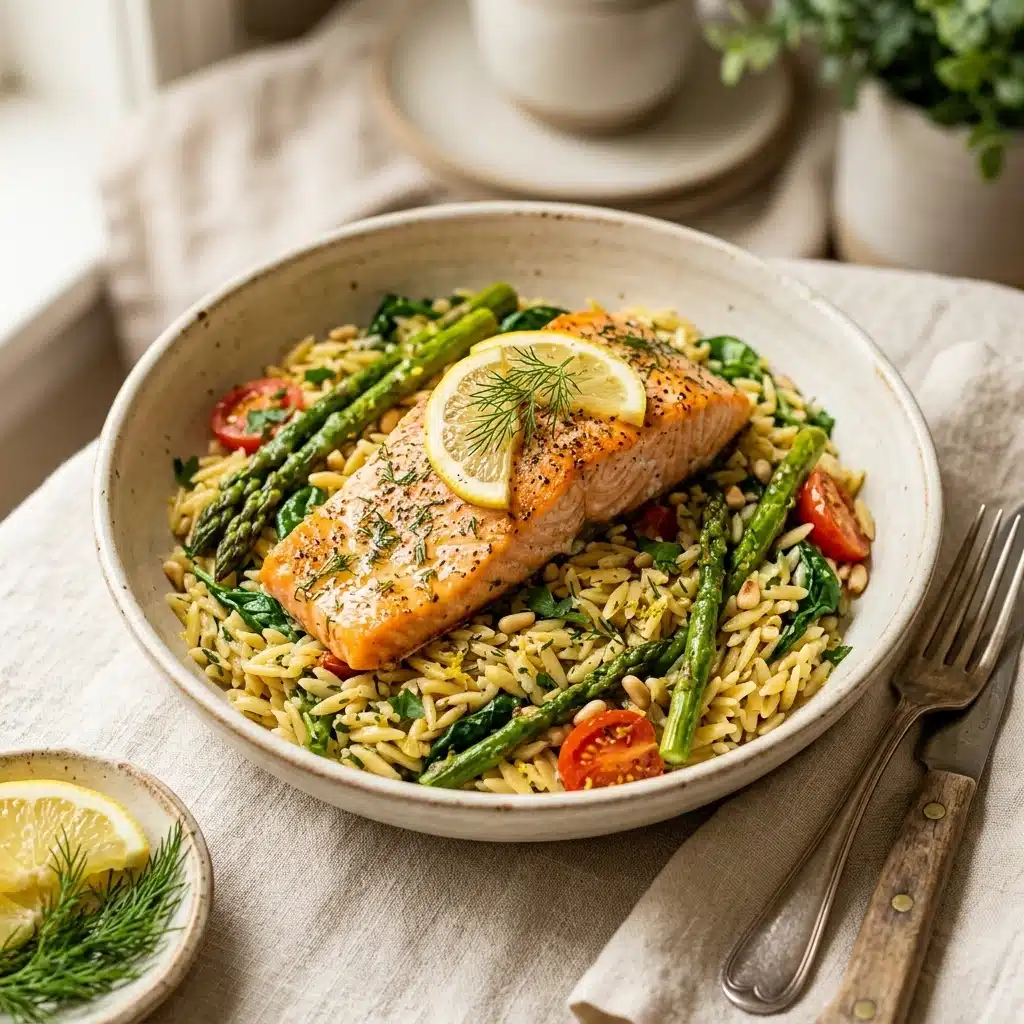 High Protein Baked Salmon with Lemon Garlic Orzo