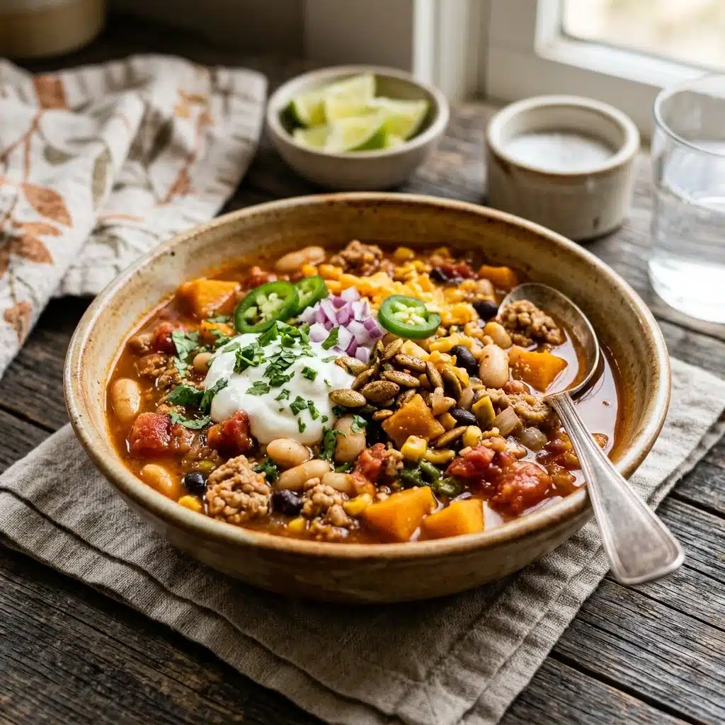 High Protein Turkey Pumpkin White Bean Chili – Healthy Fall Dinner